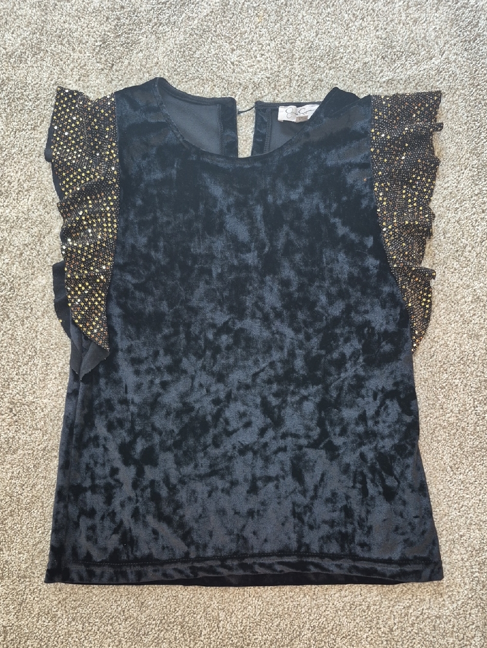 Black Velvet Ruffle Sleeve Blouse with Gold Dot Detail